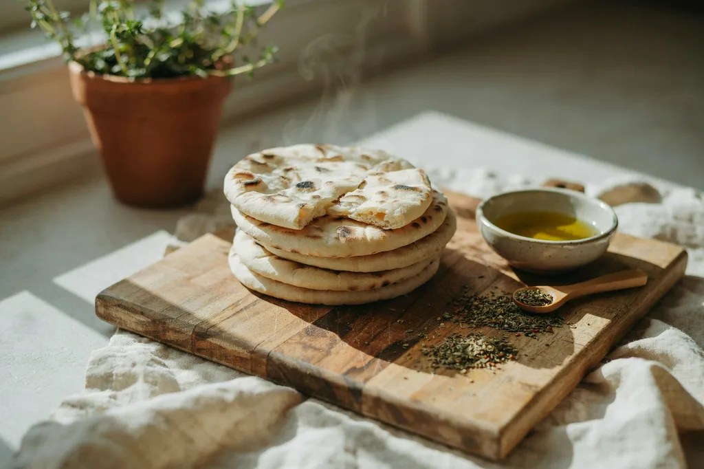 A stack of puffed whole grain pita breads on a wooden board, the top one torn open to show the hollow pocket inside.