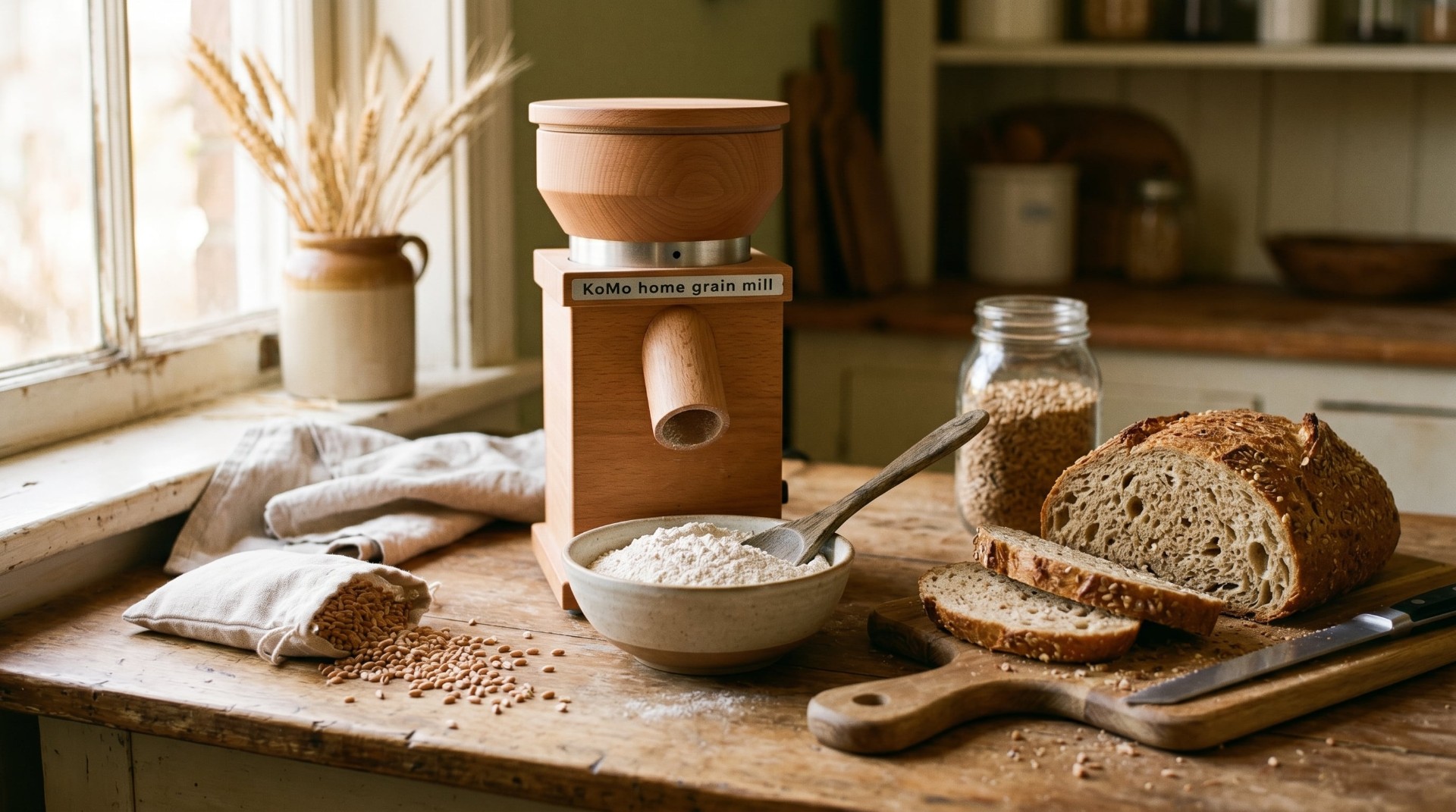 Fresh milled flour, wheat berries, grain mill, and sliced whole grain bread on a kitchen counter.